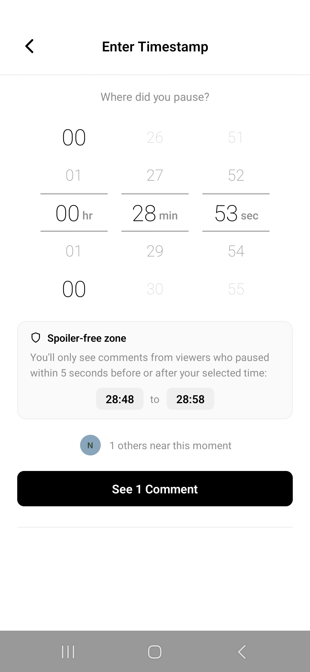 Pause timestamp picker showing the spoiler-free ±5 second window
